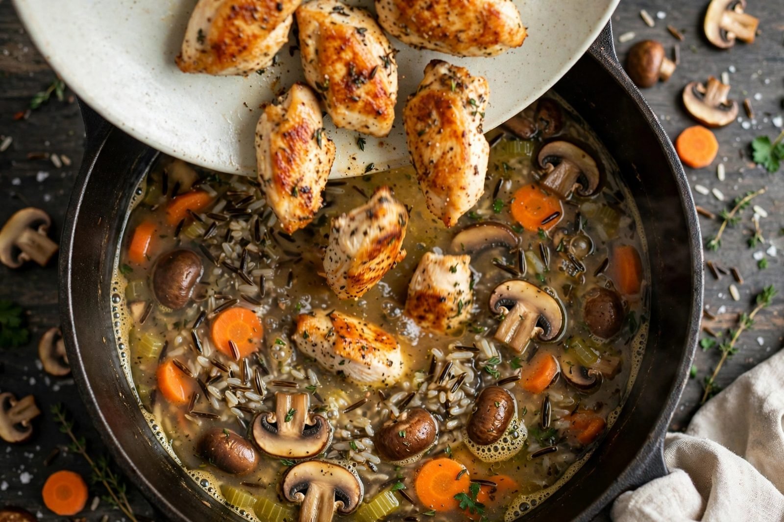 Seared chicken pieces being returned to the simmering soup.