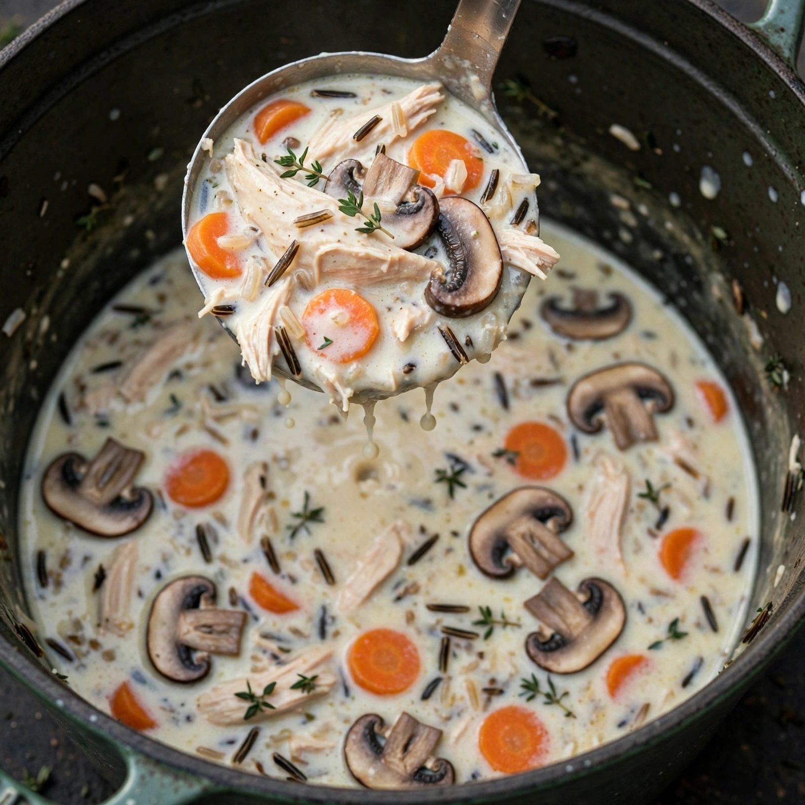 Close-up of a spoonful of creamy soup showing chicken, wild rice, carrots, and mushrooms.