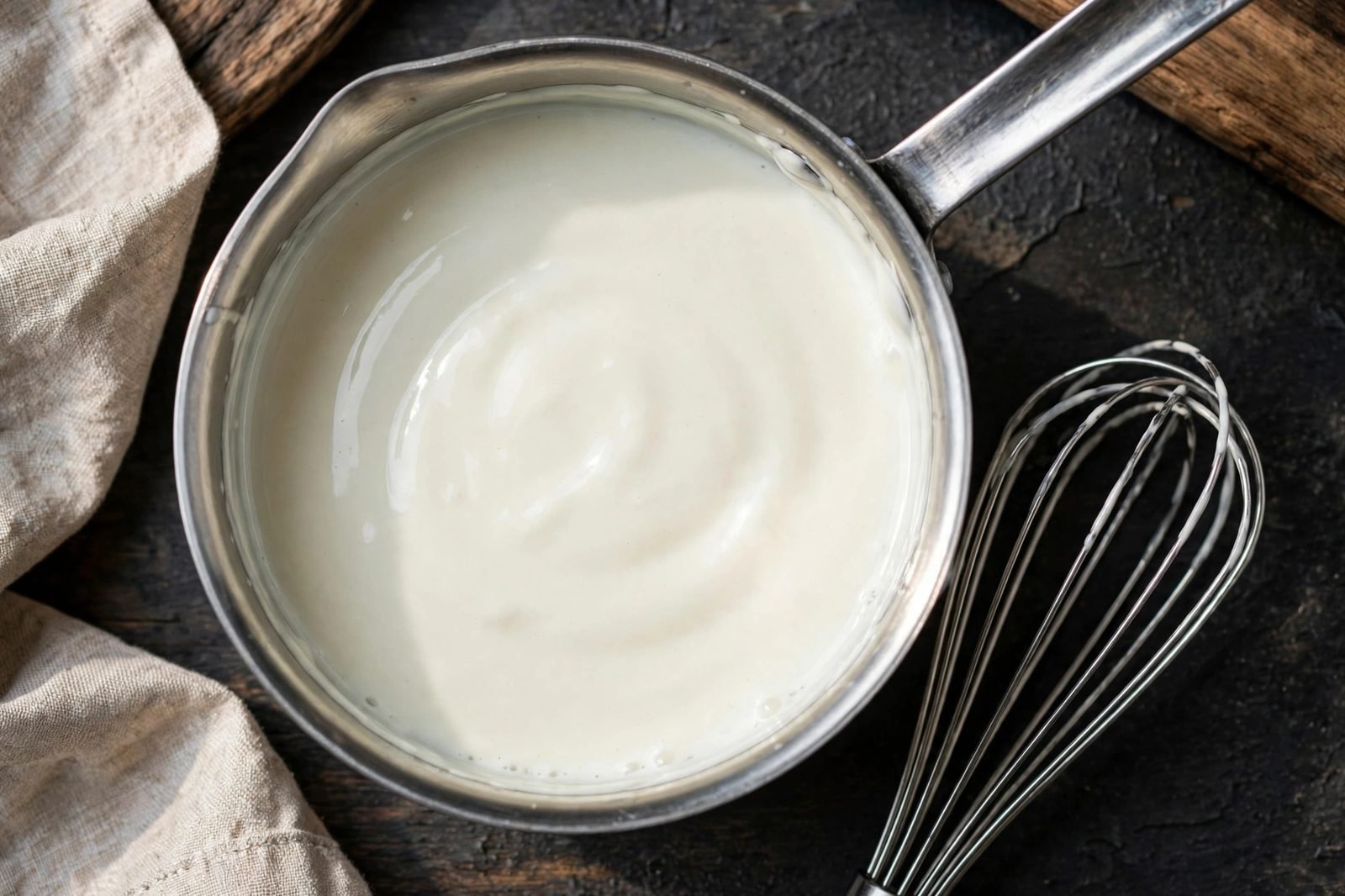 Silky milk-and-cream roux base in a small saucepan with a whisk resting beside it.