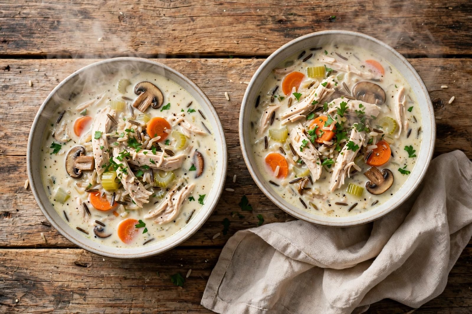 Overhead of two steaming bowls of creamy chicken wild rice soup with shredded chicken, wild rice, carrots, celery, mushrooms, and parsley on a wooden table.