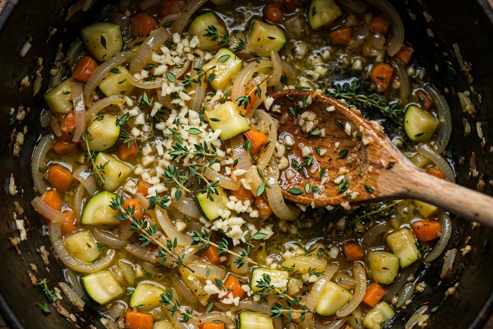 Minced garlic and thyme leaves being stirred into sautéed vegetables.