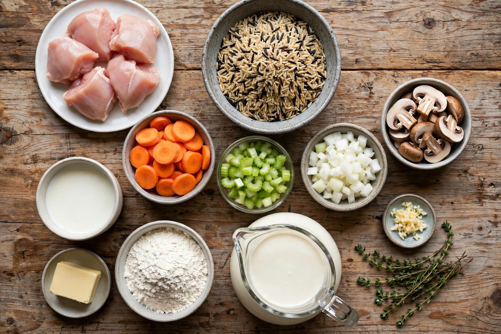 Ingredients for chicken wild rice soup on a counter: raw chicken pieces, wild rice blend, carrots, celery, onion, sliced mushrooms, garlic, thyme, milk, and cream.
