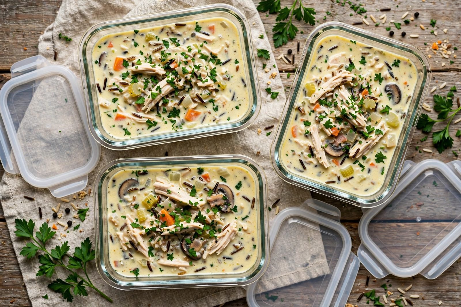 Glass meal-prep containers filled with creamy chicken wild rice soup, lids beside them.