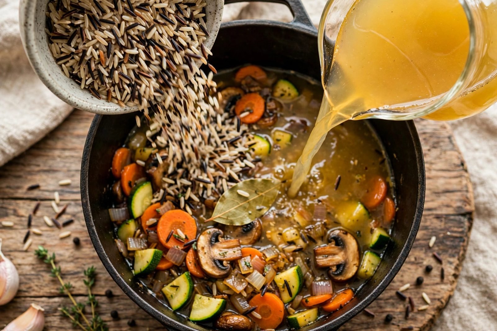 Quick-cooking wild rice blend being poured into the pot with chicken broth.