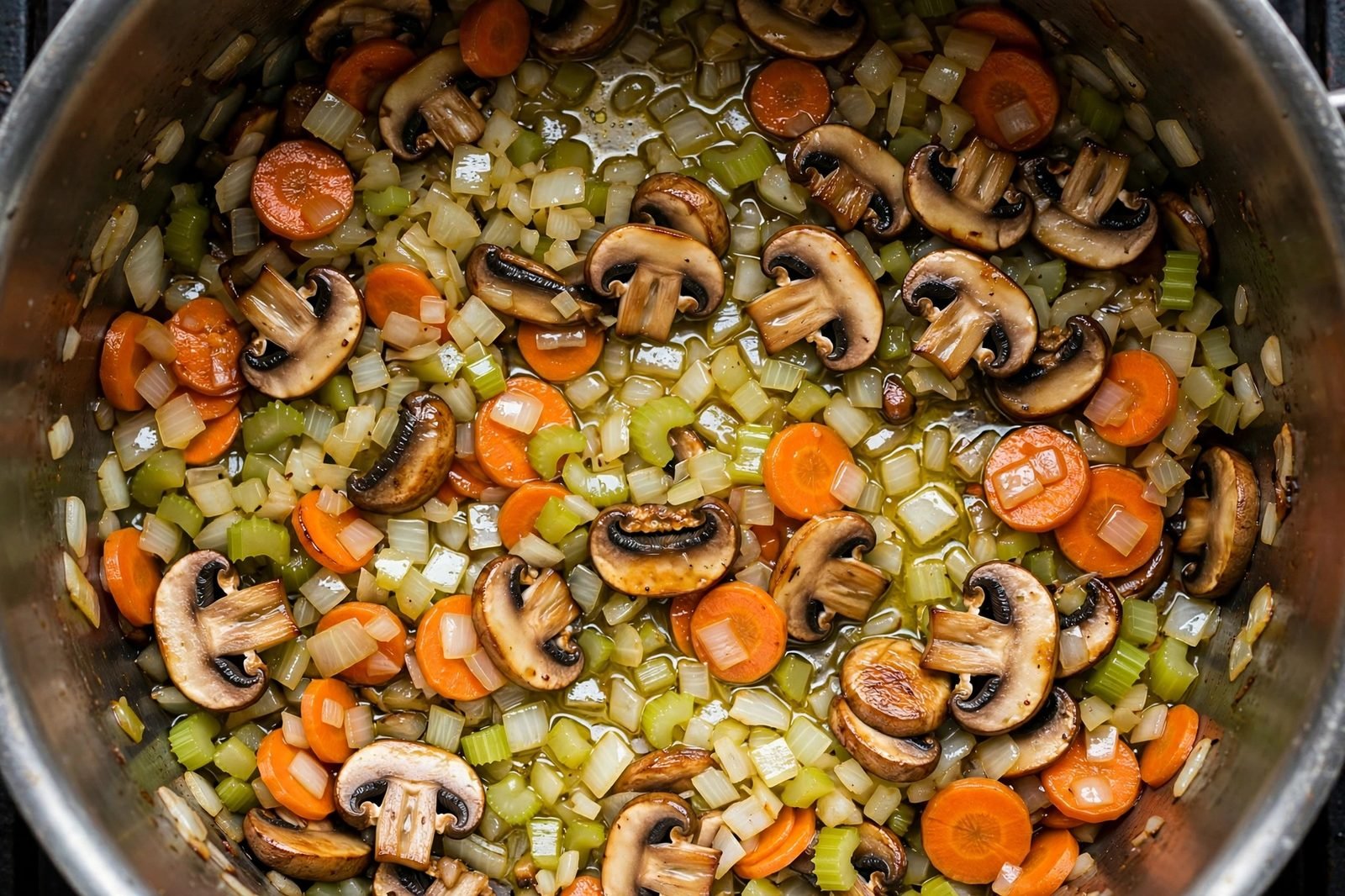 Onion, carrots, celery, and mushrooms softening in a pot.