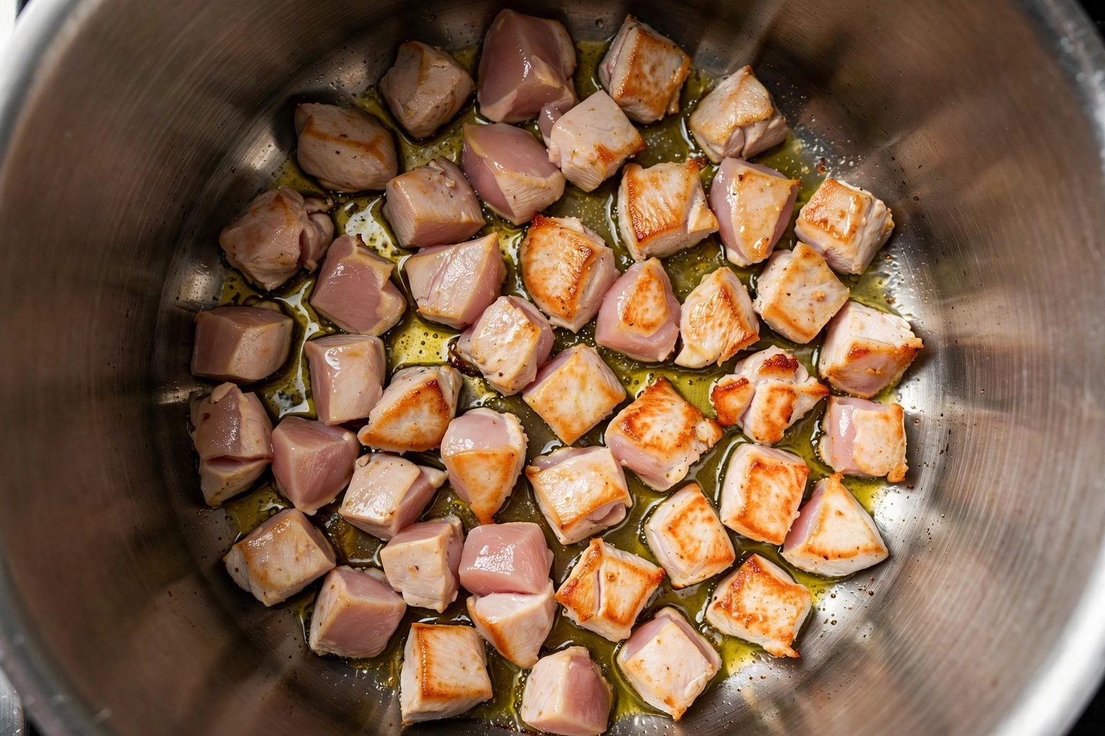 Chicken pieces searing golden in a large pot with olive oil.