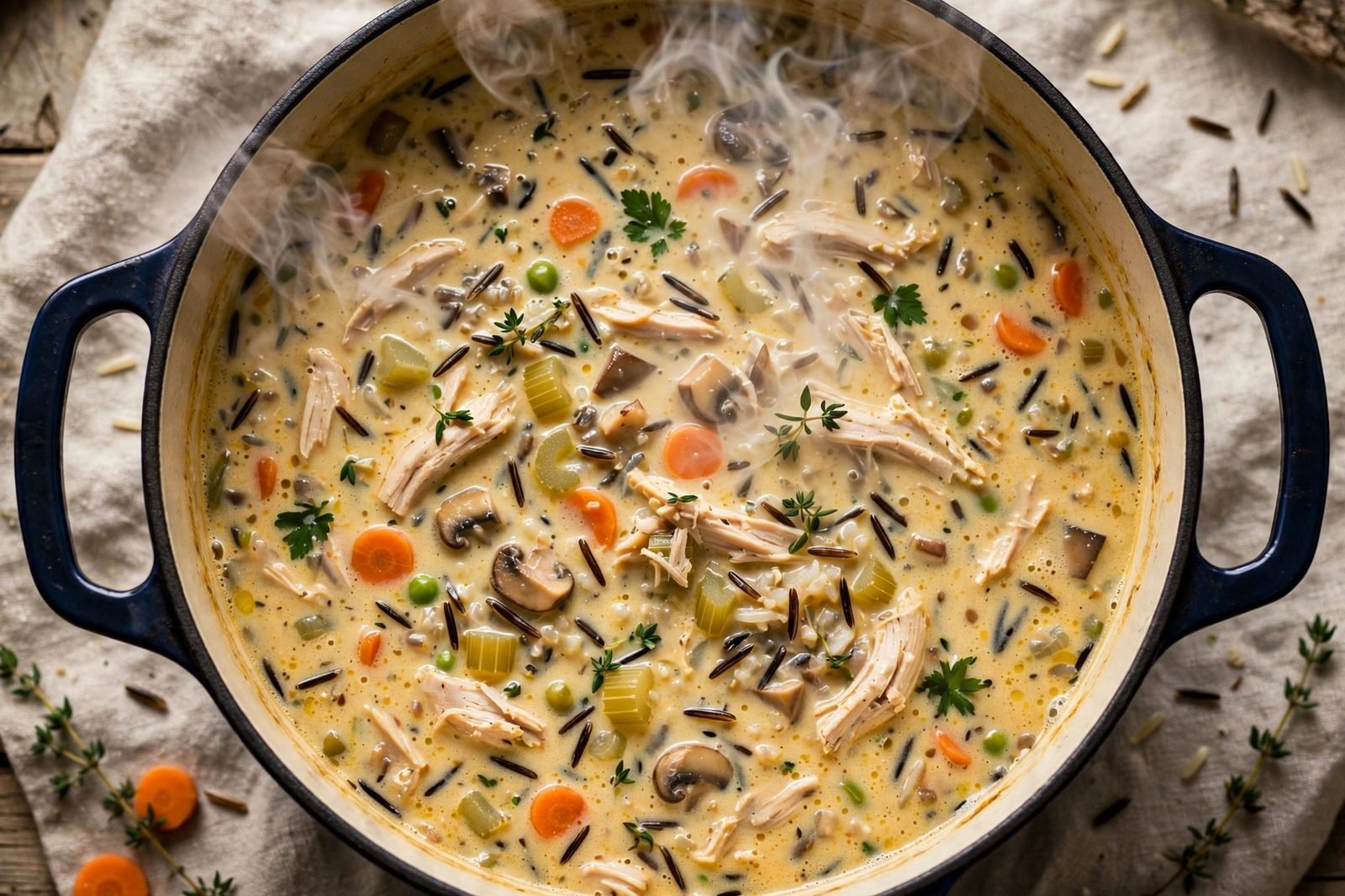 Creamy chicken and wild rice soup simmering in a pot, steam rising.