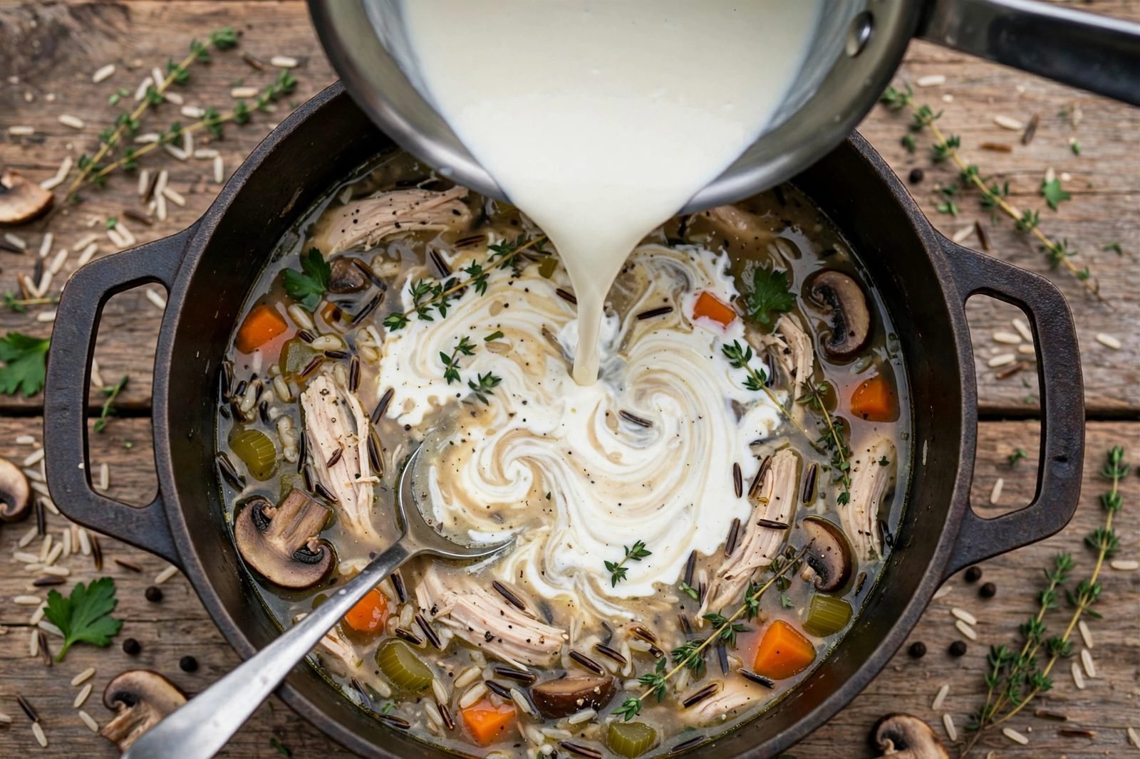Cream base being stirred into the soup pot off the heat.