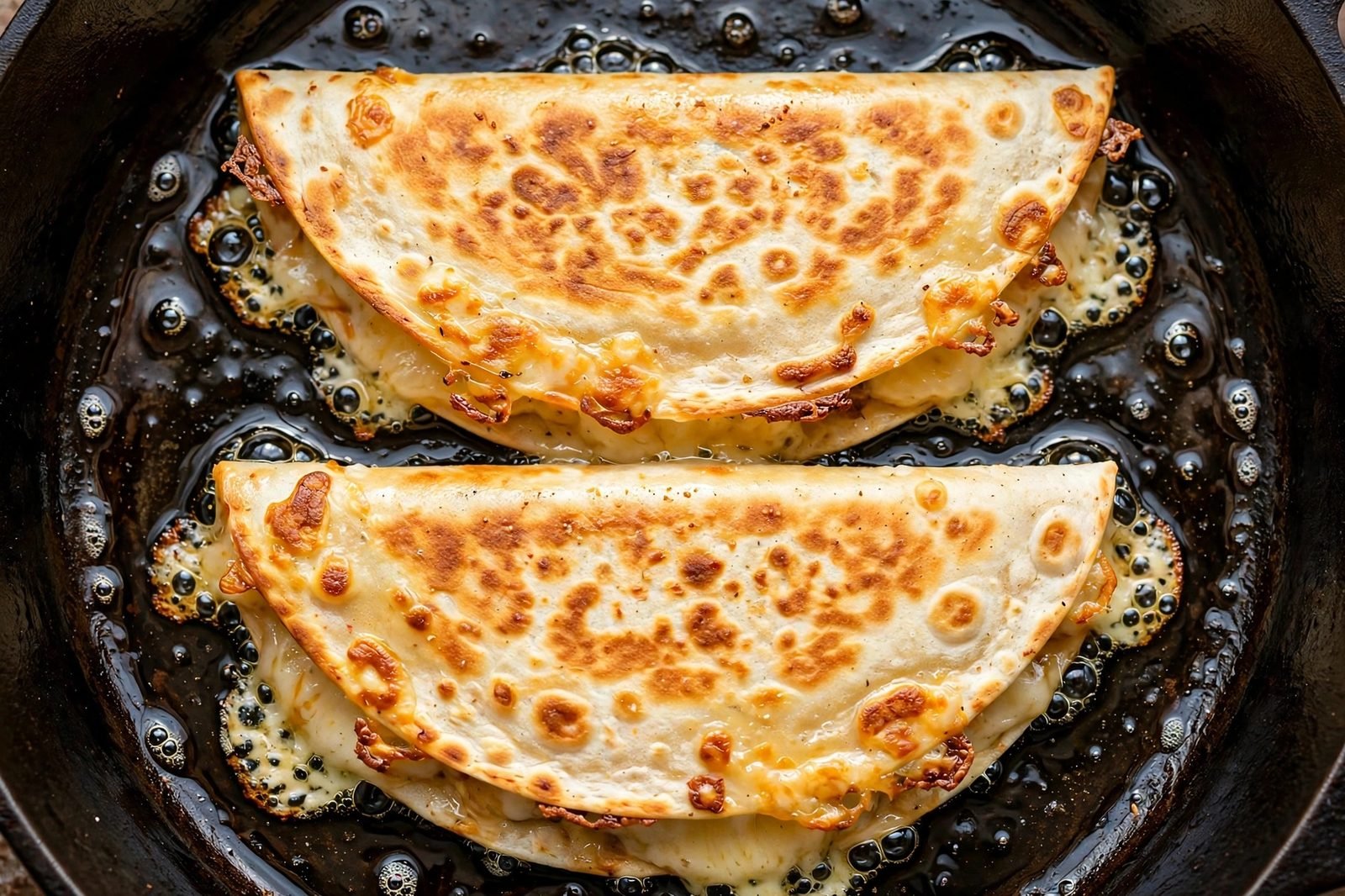 Two folded quesadillas crisping in a hot cast-iron skillet with a light sheen of oil.