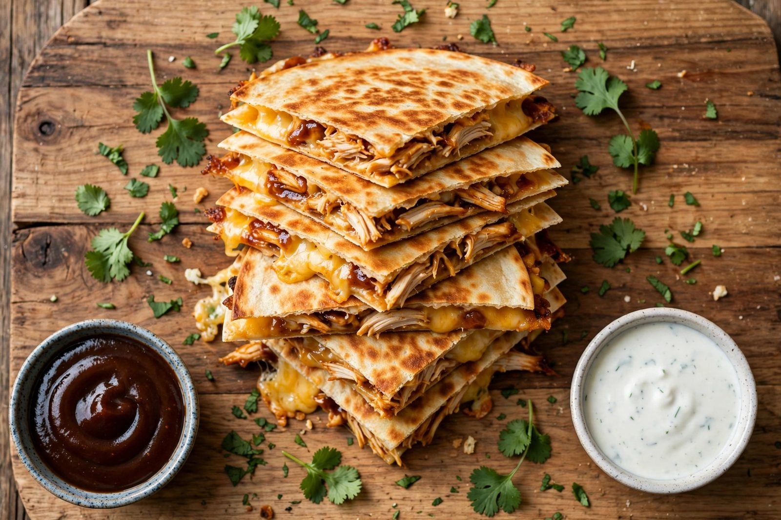 Overhead of a stack of golden BBQ chicken quesadilla wedges with melted cheese visible, small bowls of BBQ sauce and ranch, and cilantro on a wooden board.