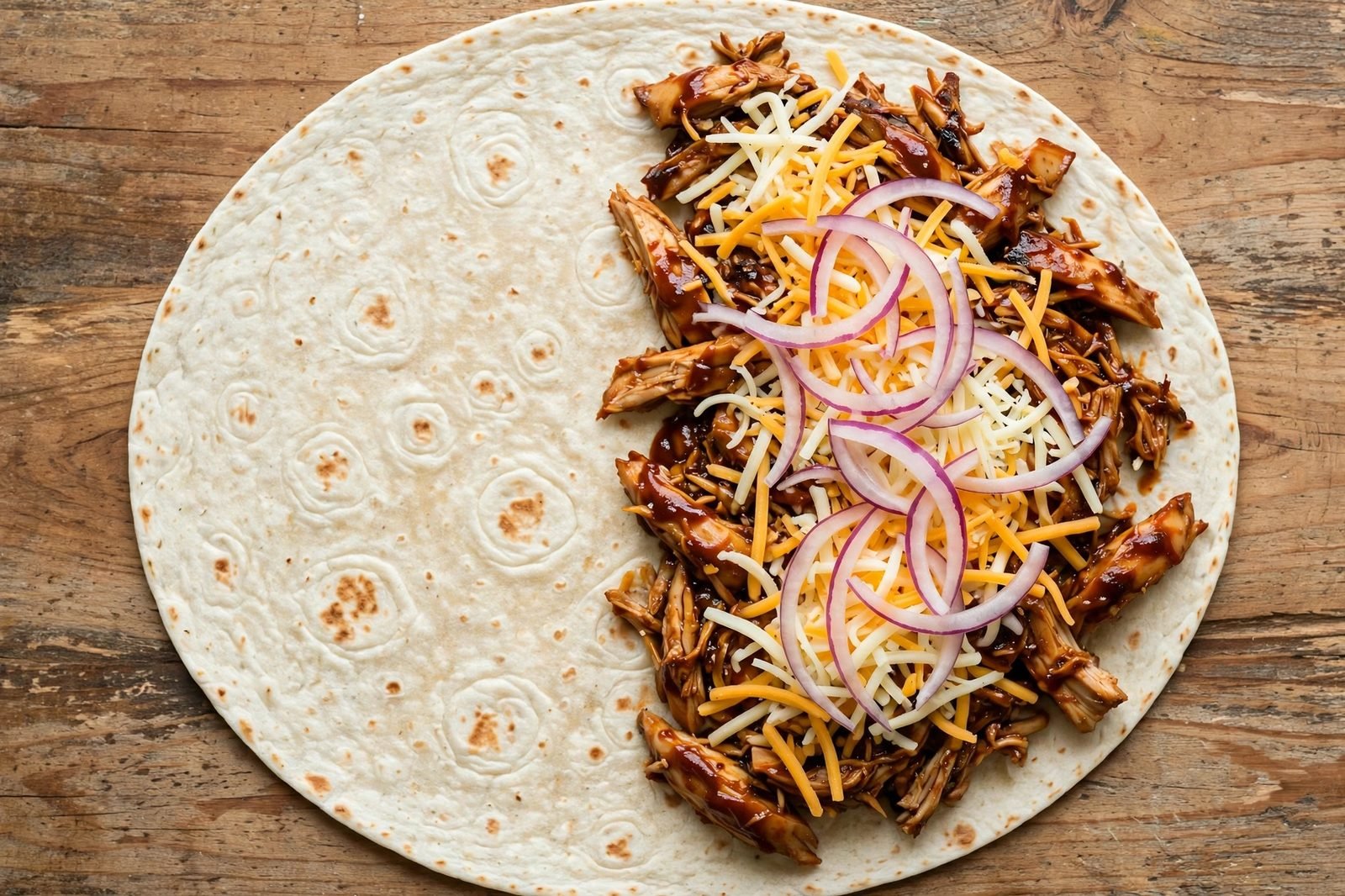 BBQ chicken spread over one half of a flour tortilla with cheese and red onion on top.