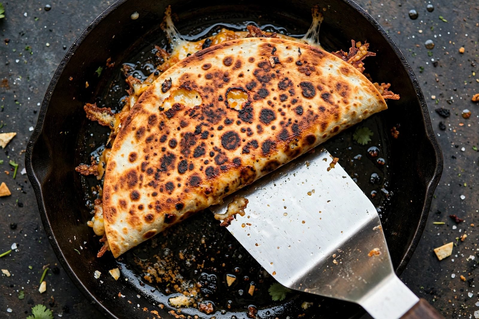 Spatula flipping a quesadilla, showing the deep-golden crisped side.