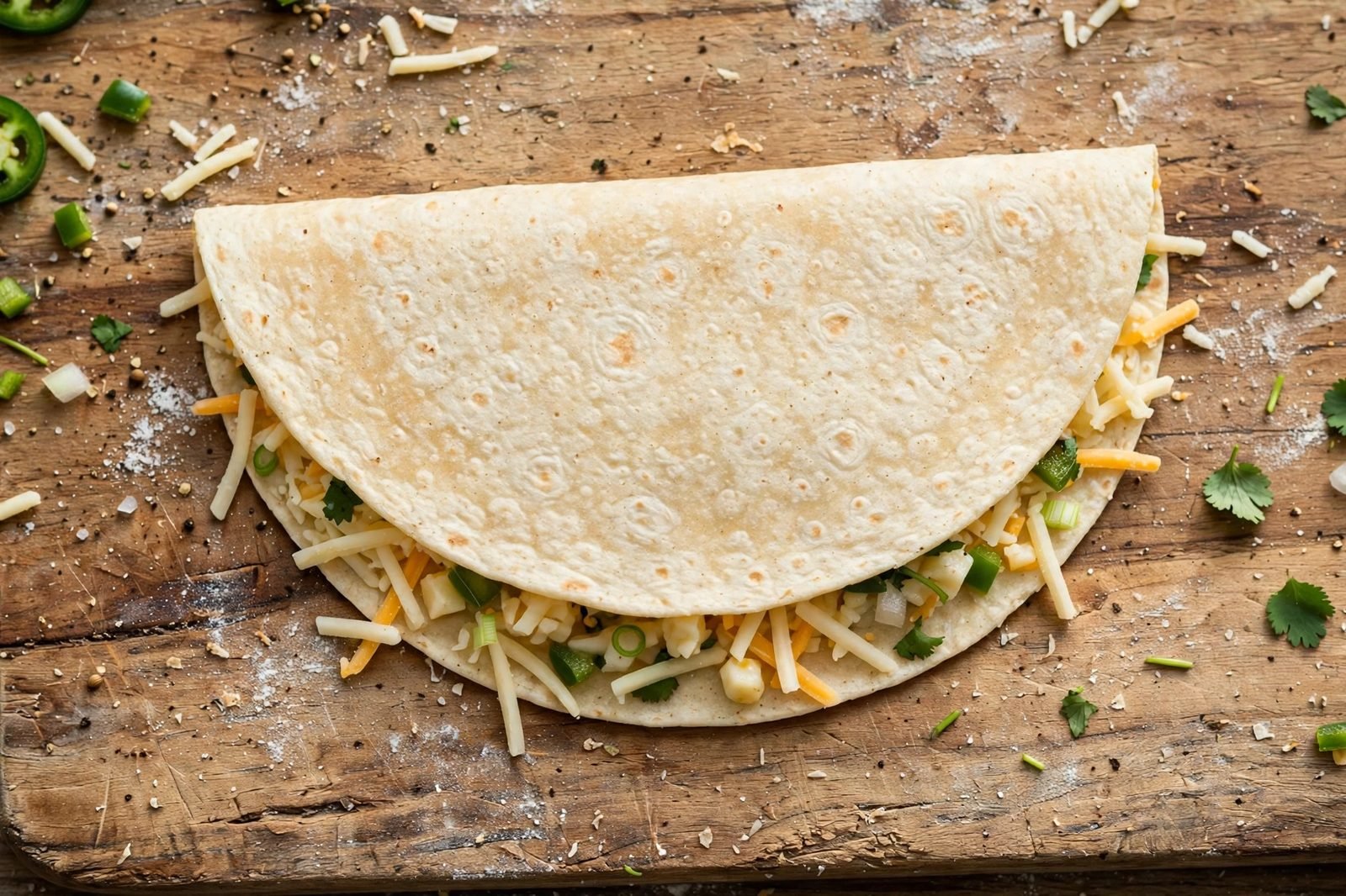Folded quesadilla pressed gently on a cutting board, ready for the skillet.