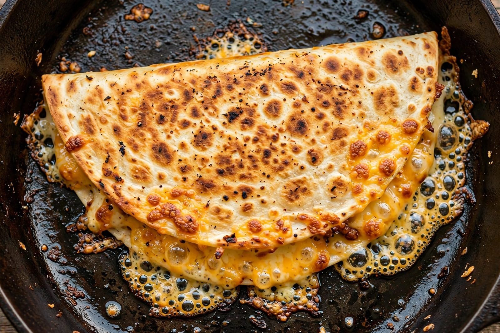 Close-up of a golden crisped quesadilla with browned spots and cheese bubbling at the edge.