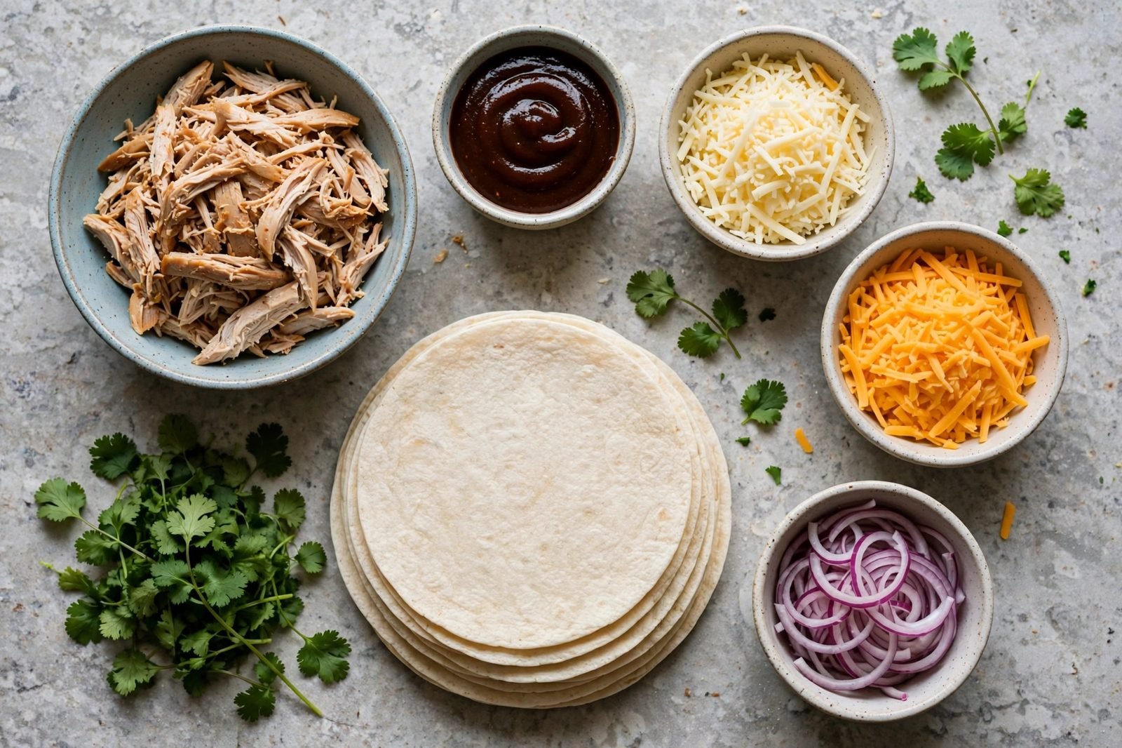 Ingredients for BBQ chicken quesadillas on a counter: shredded rotisserie chicken in a bowl, BBQ sauce, shredded cheddar and Monterey Jack, red onion slices, flour tortillas, and cilantro.