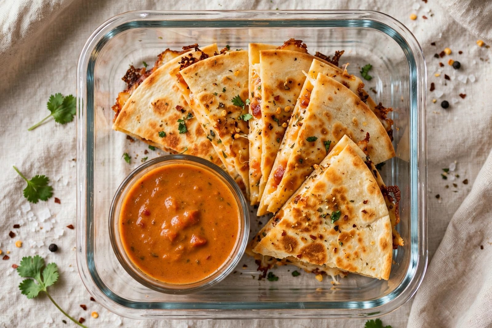 Lunch container with quesadilla wedges and a small cup of dipping sauce.