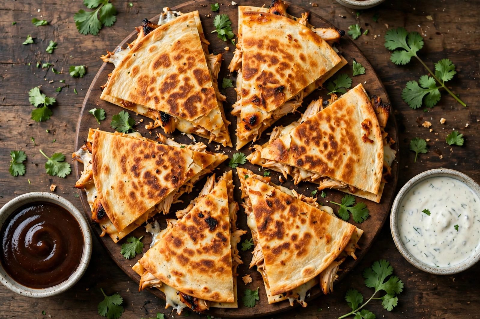 Platter of quesadilla wedges with BBQ sauce and ranch for dipping, cilantro scattered.