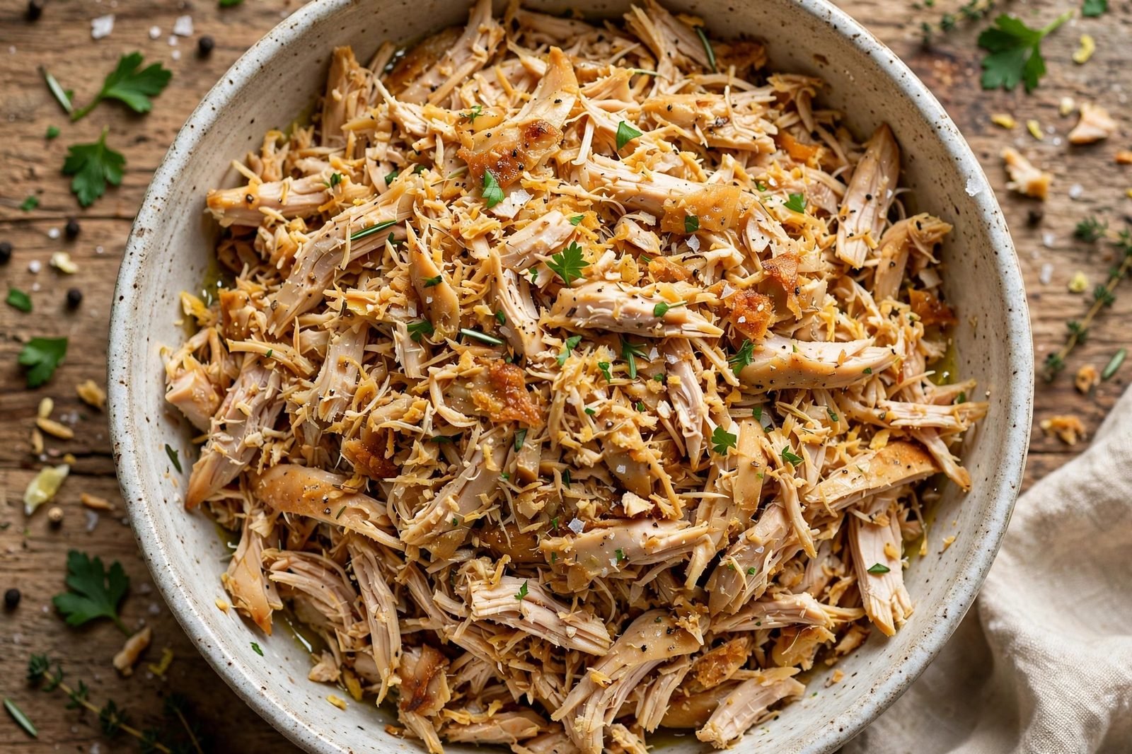 Rotisserie chicken shredded into bite-size pieces in a large bowl.