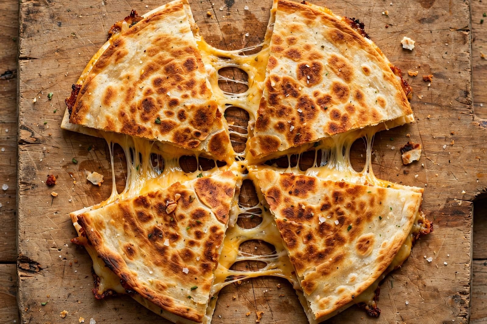 Crisped quesadilla sliced into 4 wedges on a board, melted cheese stretching between wedges.