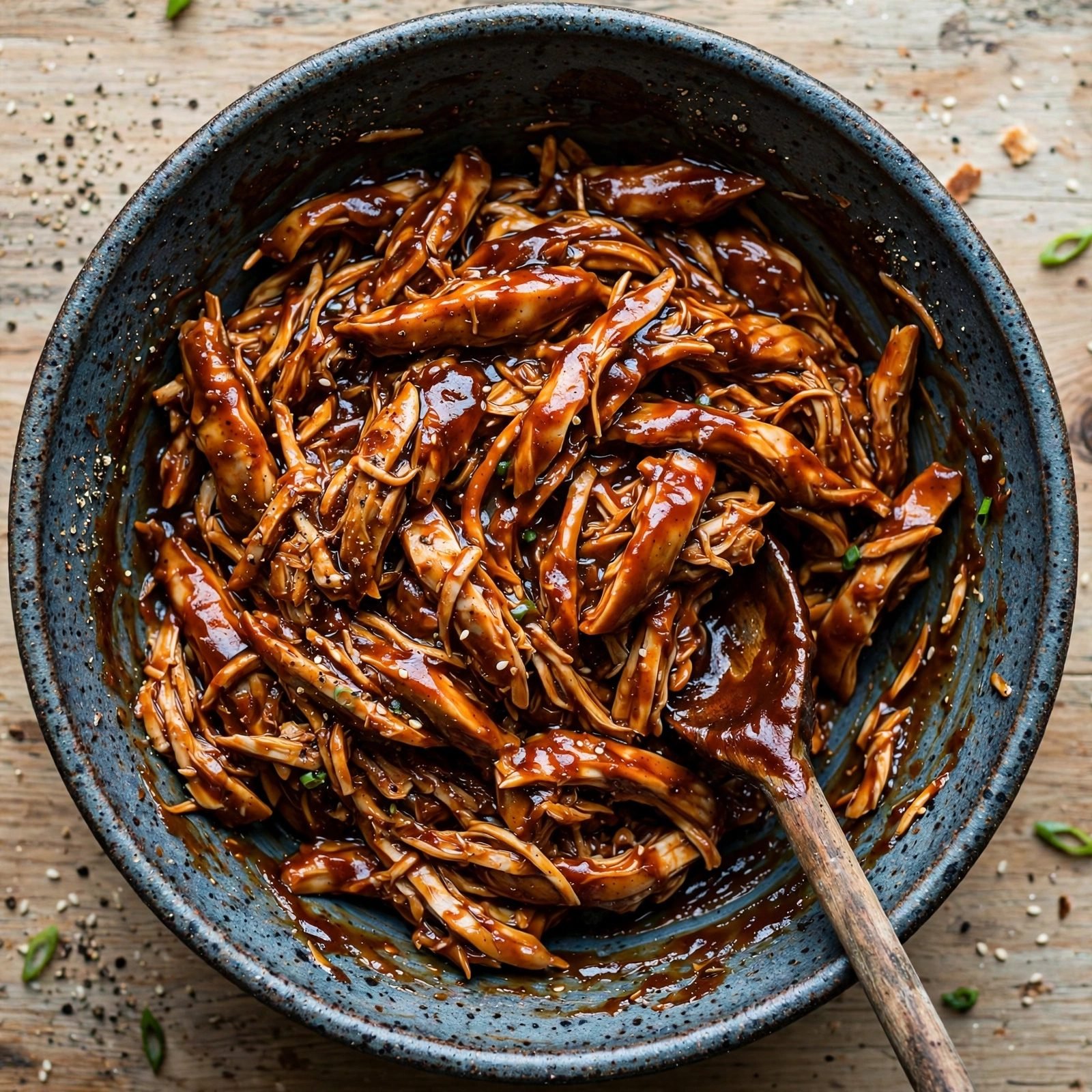 Shredded chicken being tossed with BBQ sauce in a bowl, sauce coating every piece.