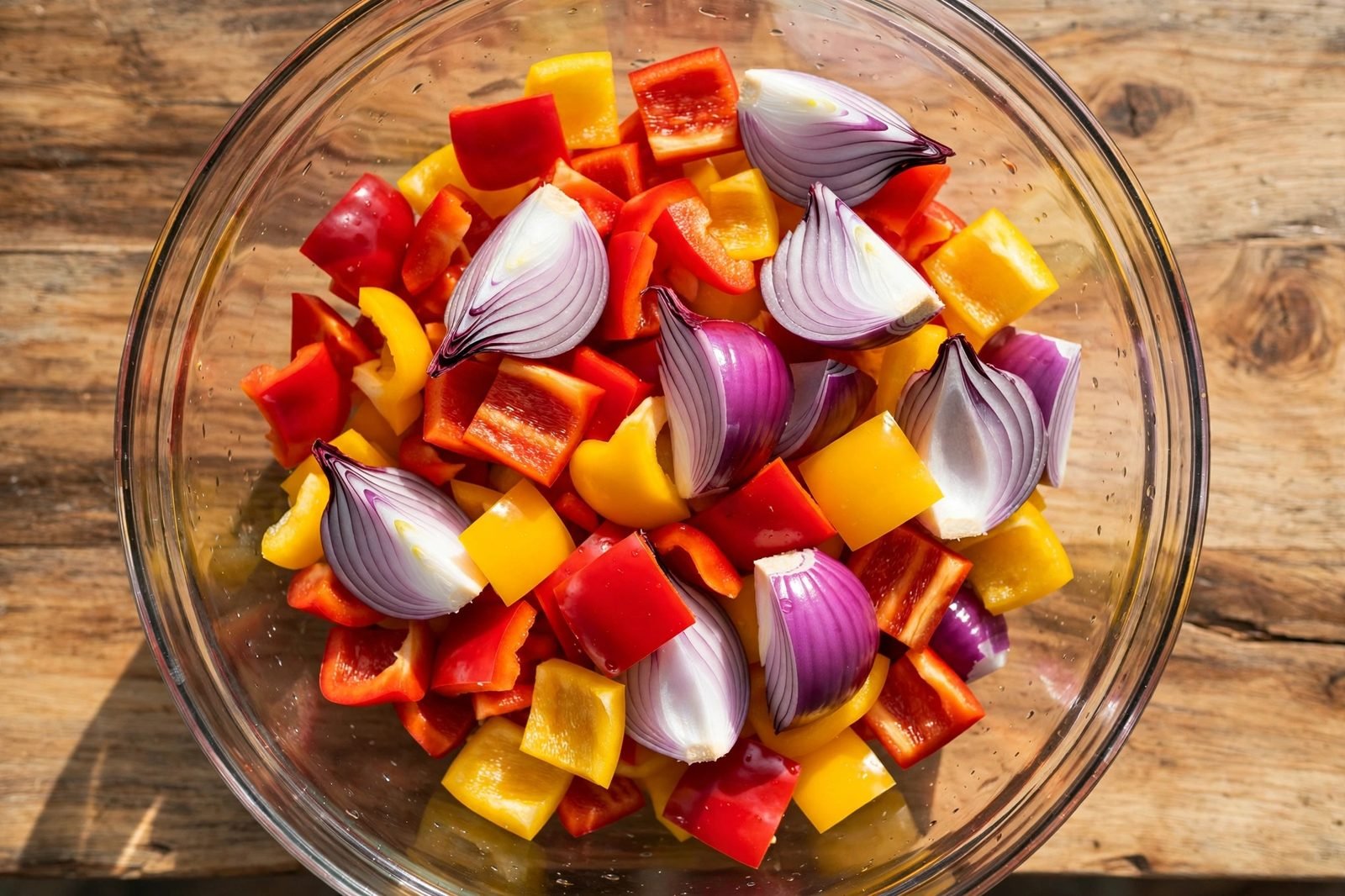 Cut bell peppers and red onion wedges in a bowl.