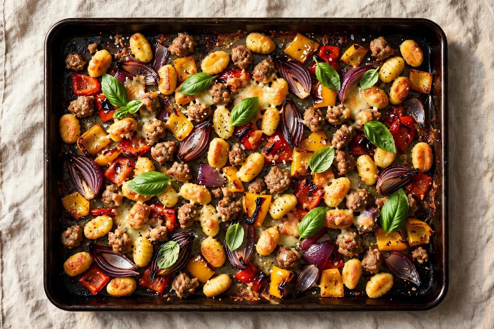 Overhead of the finished sheet pan: crispy golden gnocchi, sausage crumbles, caramelized peppers and red onion, melted Parmesan, and basil.