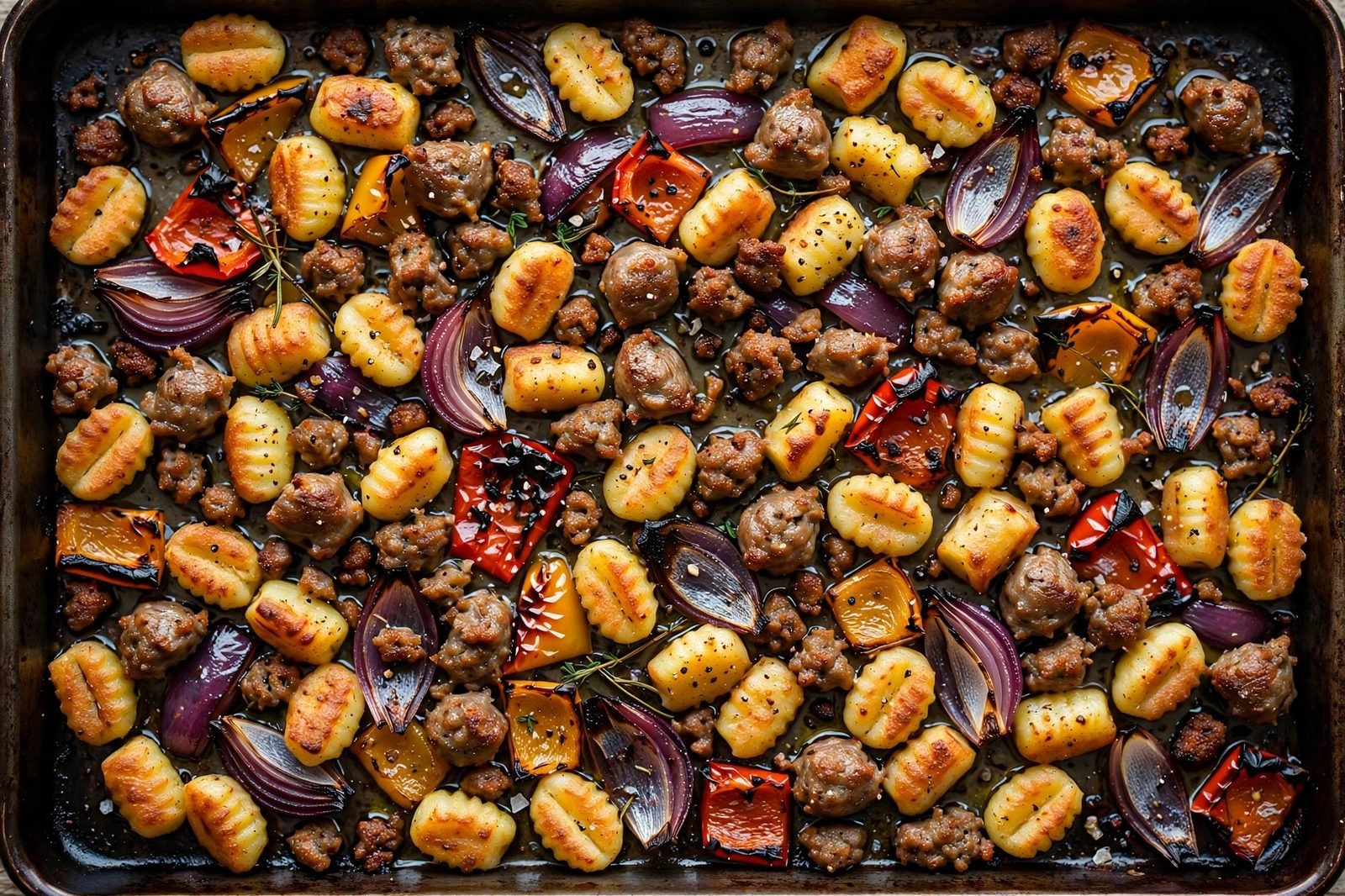 Close-up of the finished pan: crispy gnocchi edges, browned sausage, charred pepper corners.
