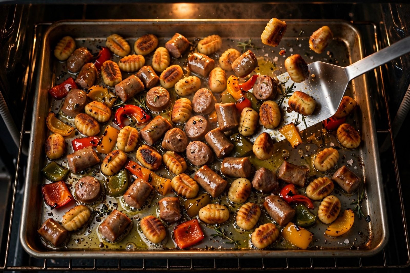 Partially roasted sheet pan being tossed with a spatula: gnocchi browning, sausage sizzling.