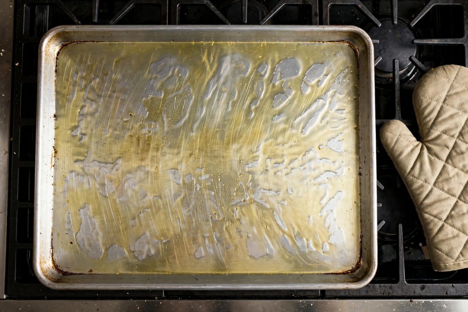 Preheated oiled sheet pan just pulled from the oven, oil shimmering.