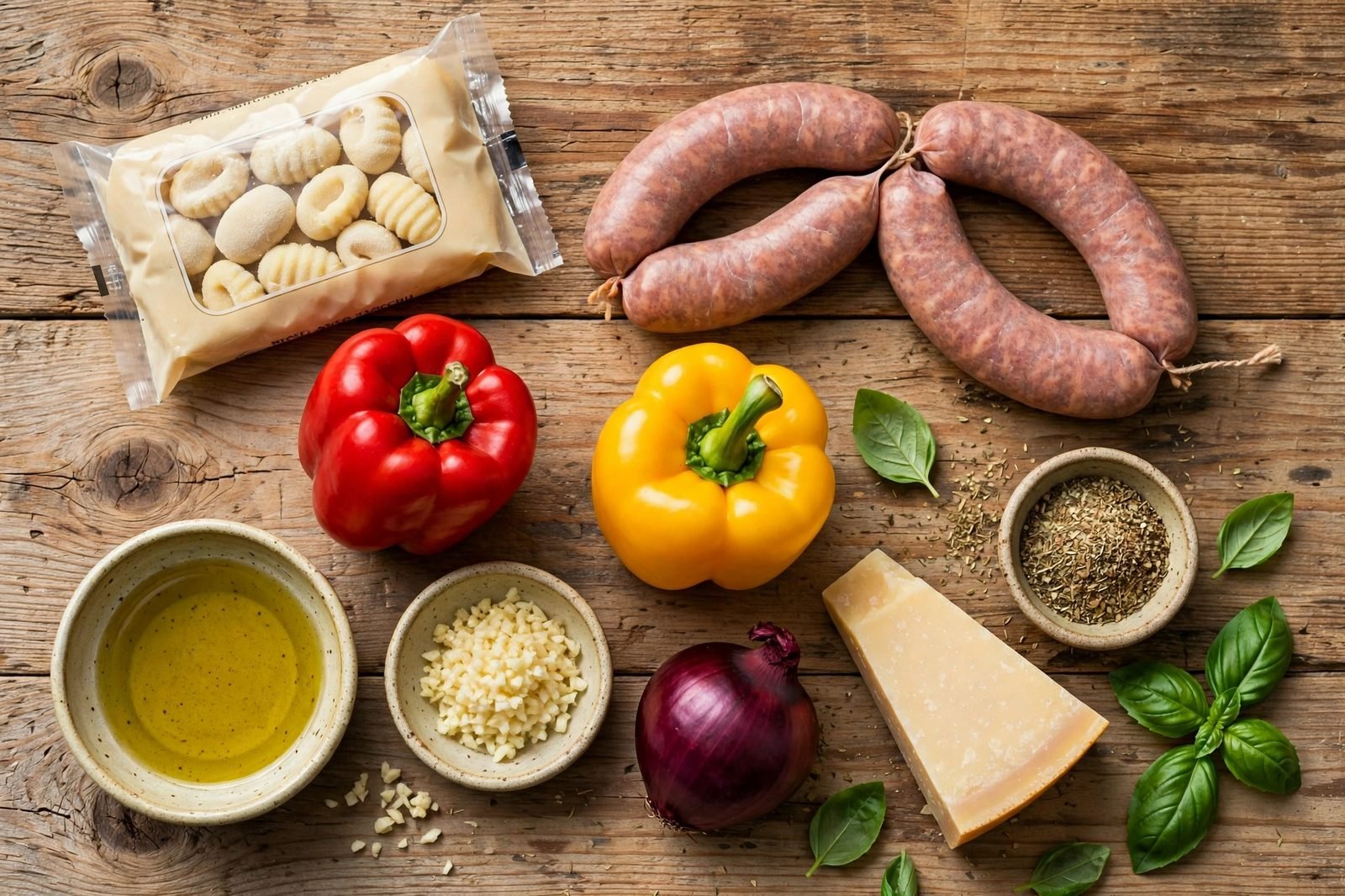 Ingredients for sheet pan gnocchi on a counter: shelf-stable gnocchi, Italian sausage links, bell peppers, red onion, olive oil, garlic, Parmesan wedge, and basil.