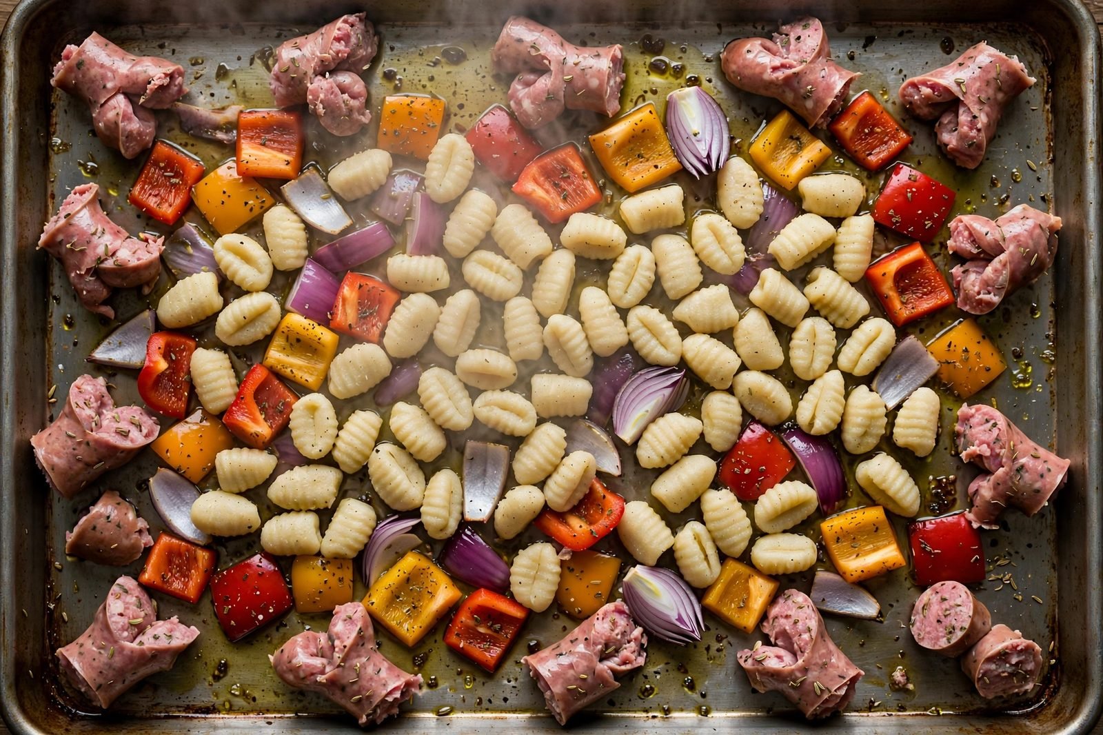 Gnocchi, seasoned vegetables, and pinched sausage pieces being arranged in a single layer on the hot sheet pan.