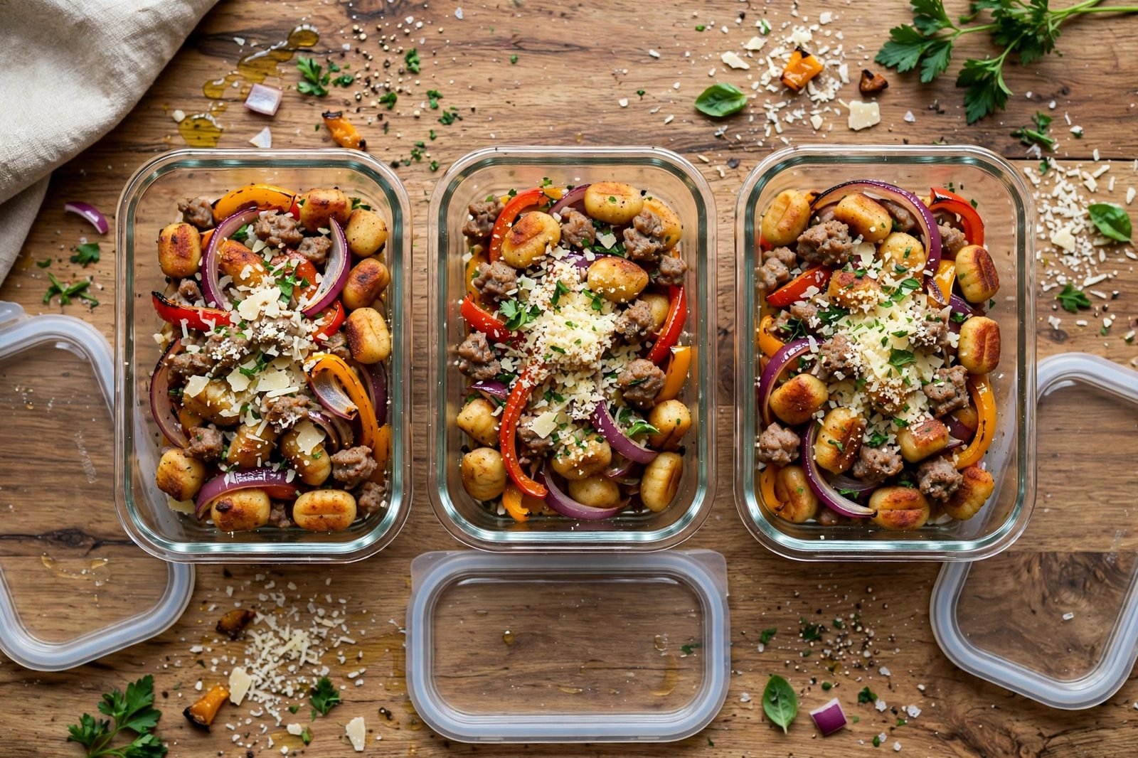 Glass meal-prep containers filled with the gnocchi, sausage, and peppers.