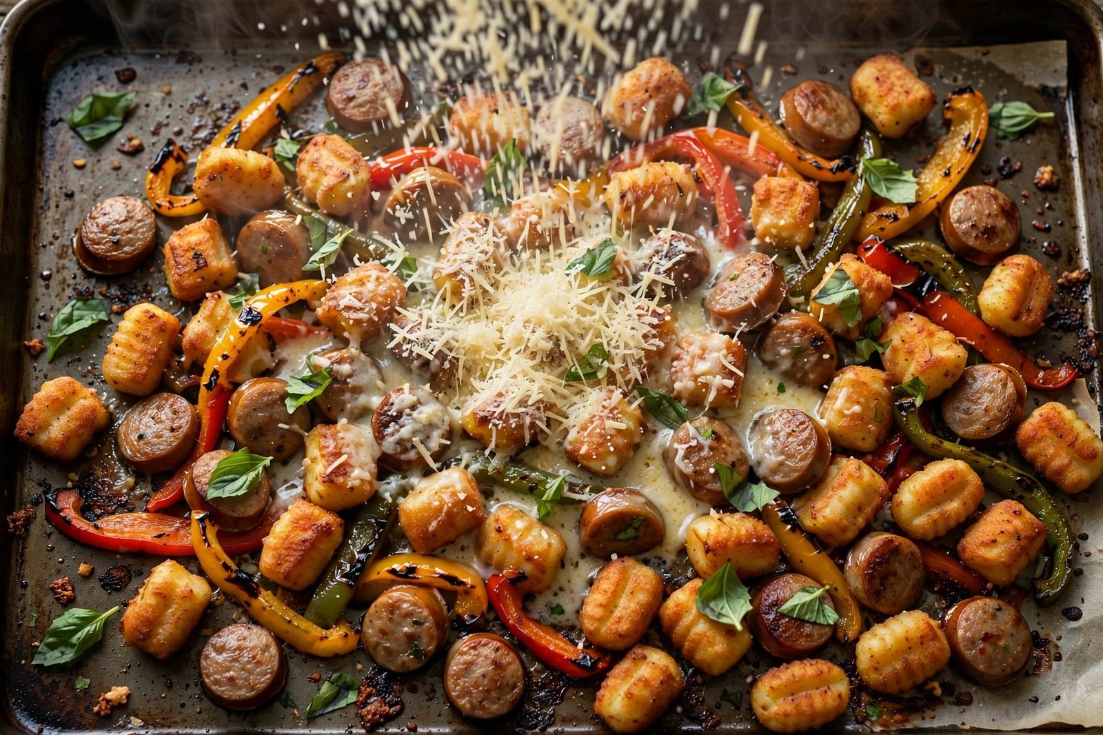 Parmesan being showered over the hot pan, melting into the crispy bits, with basil.