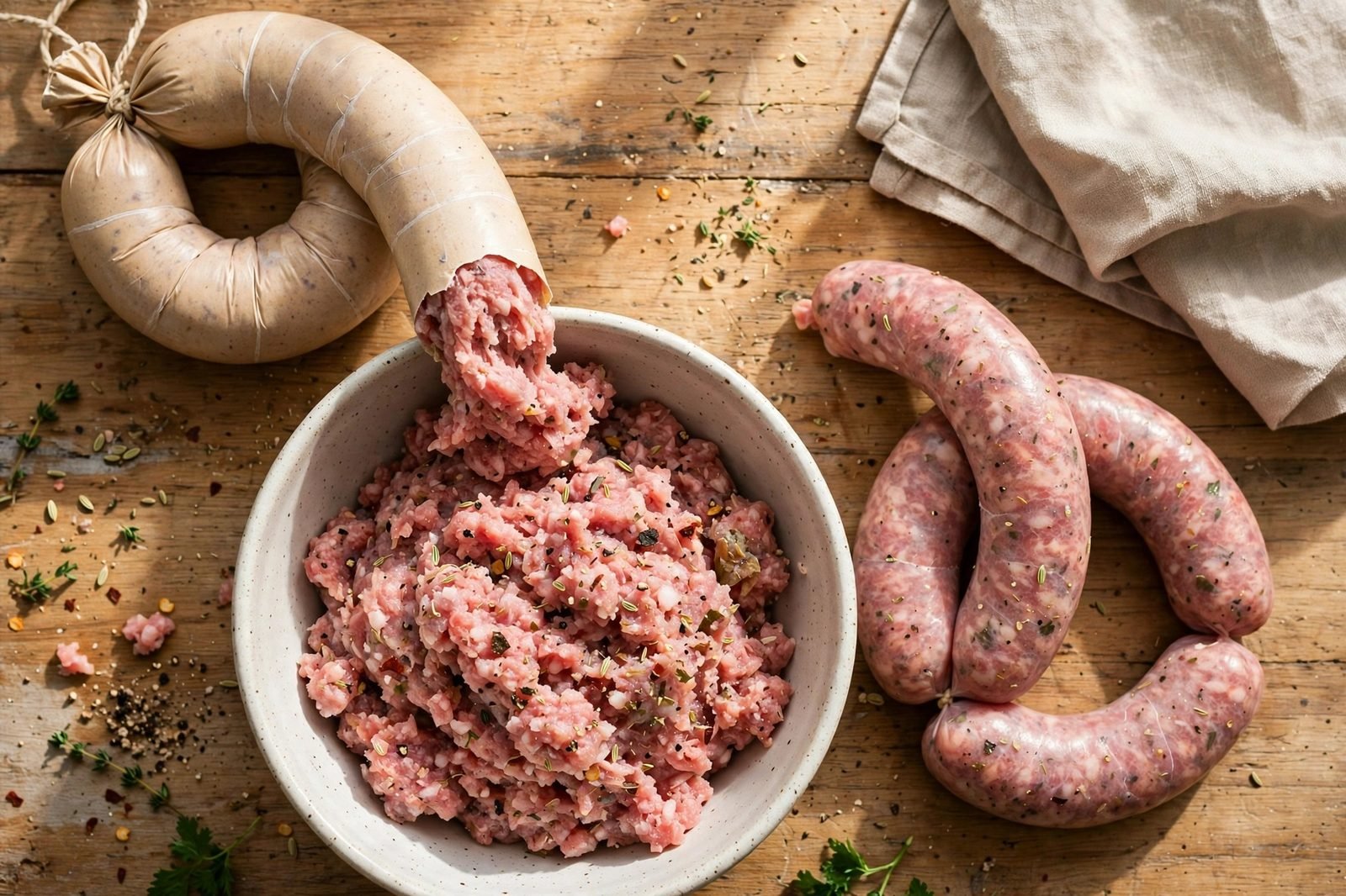 Italian sausage being squeezed from its casing into a bowl.