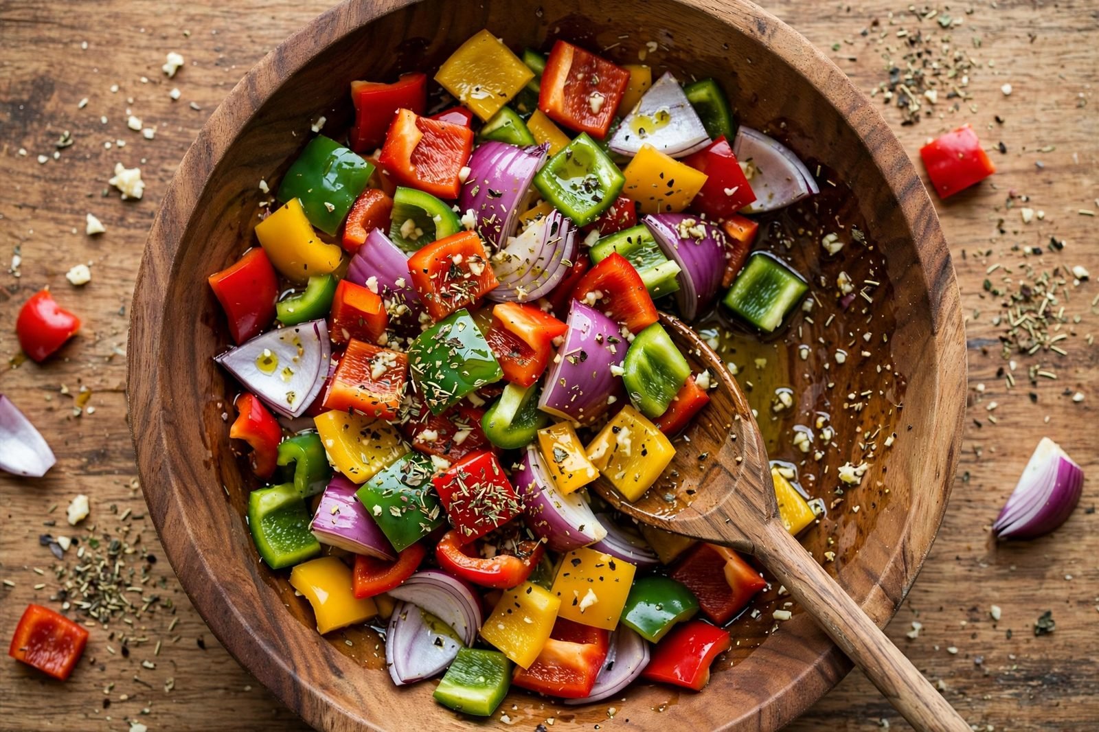 Peppers and onion being tossed with olive oil, garlic, and Italian seasoning in a large bowl.