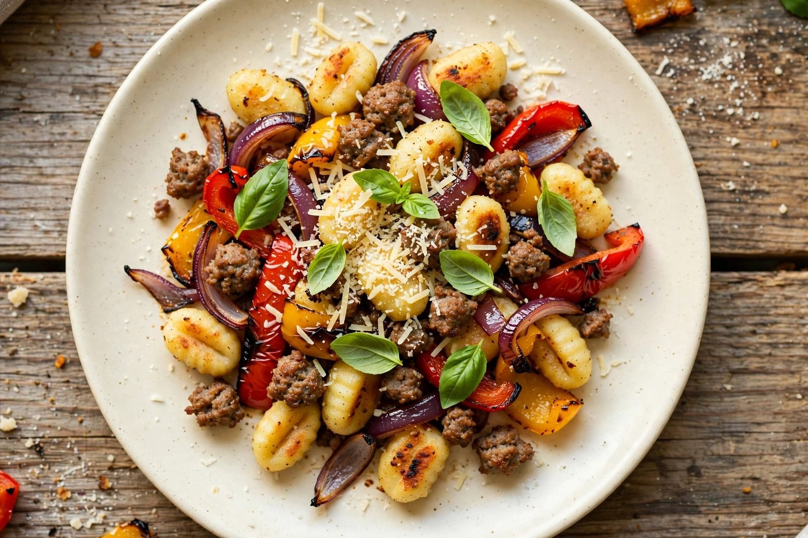 Plated serving of the sheet pan gnocchi with extra Parmesan and basil.