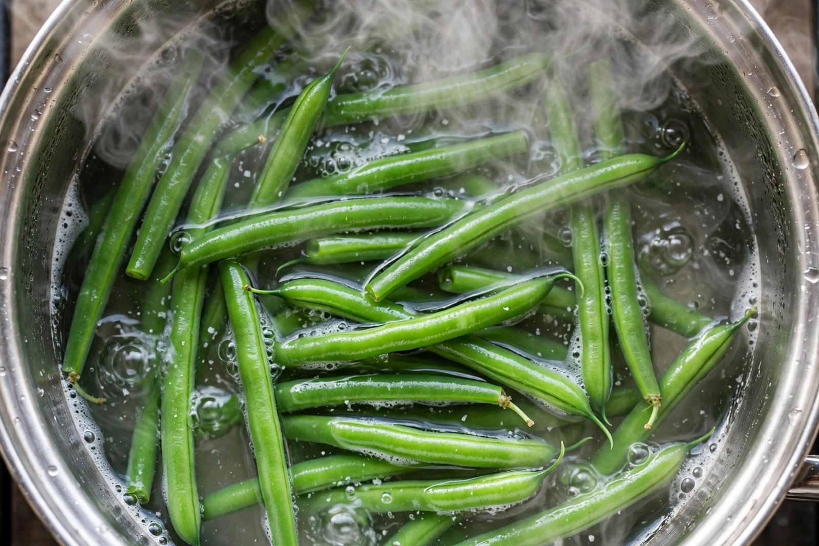 Overhead of green beans boiling in a pot of salted water, bright green.
