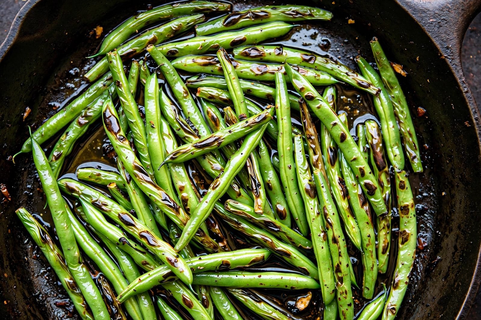 Overhead of blistered green beans searing in the skillet with browned spots.