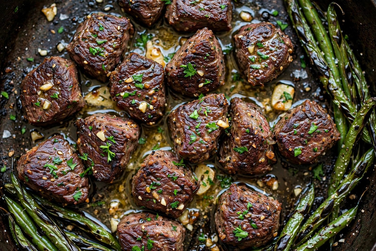 Overhead close-up of crusted steak bites glistening with garlic butter and parsley.