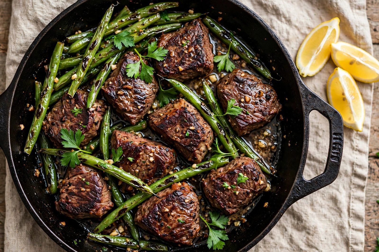 Overhead of the finished dish: deeply crusted steak bites and blistered green beans glistening in garlic butter in a cast iron skillet, parsley and lemon wedges.
