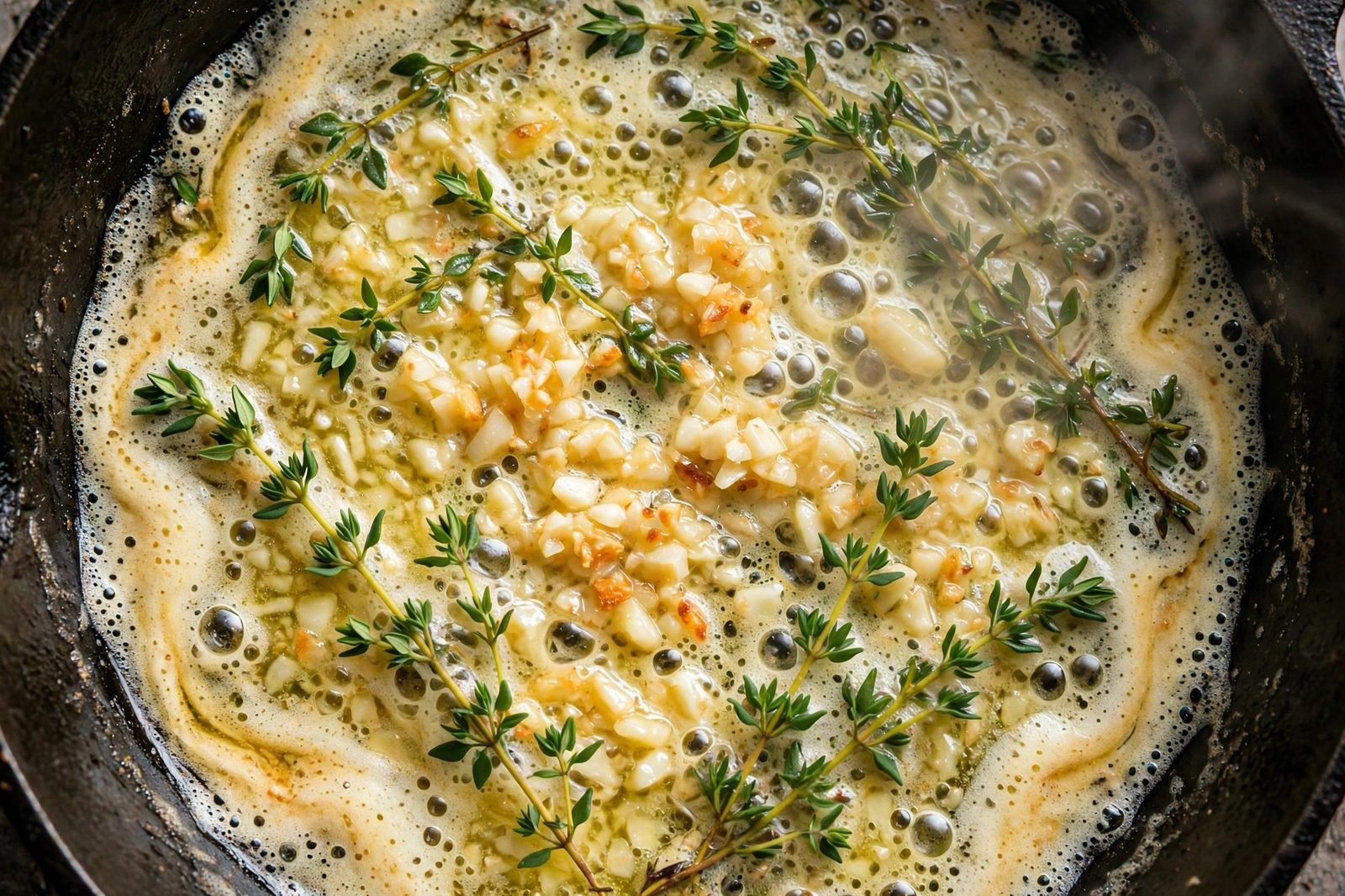 Overhead close-up of minced garlic and thyme sizzling in foaming butter in the skillet.