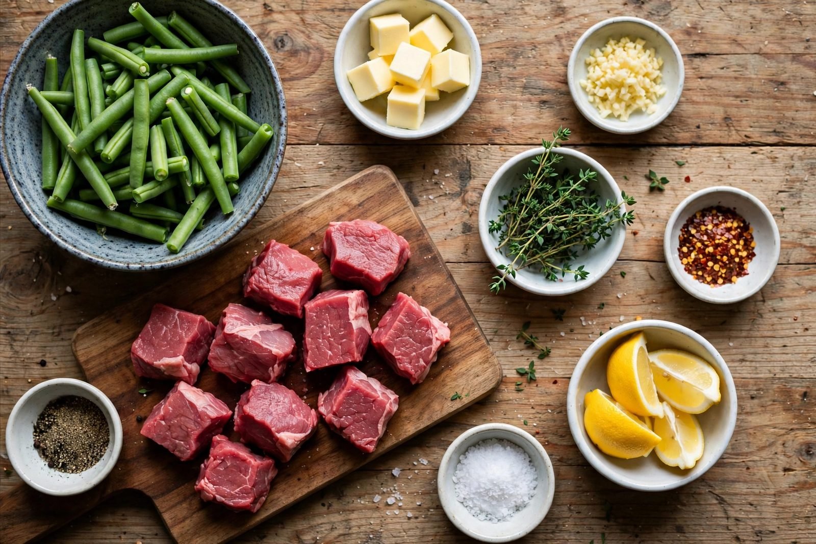 Overhead of raw steak cubes, trimmed green beans, butter, garlic, thyme, lemon arranged on a counter.