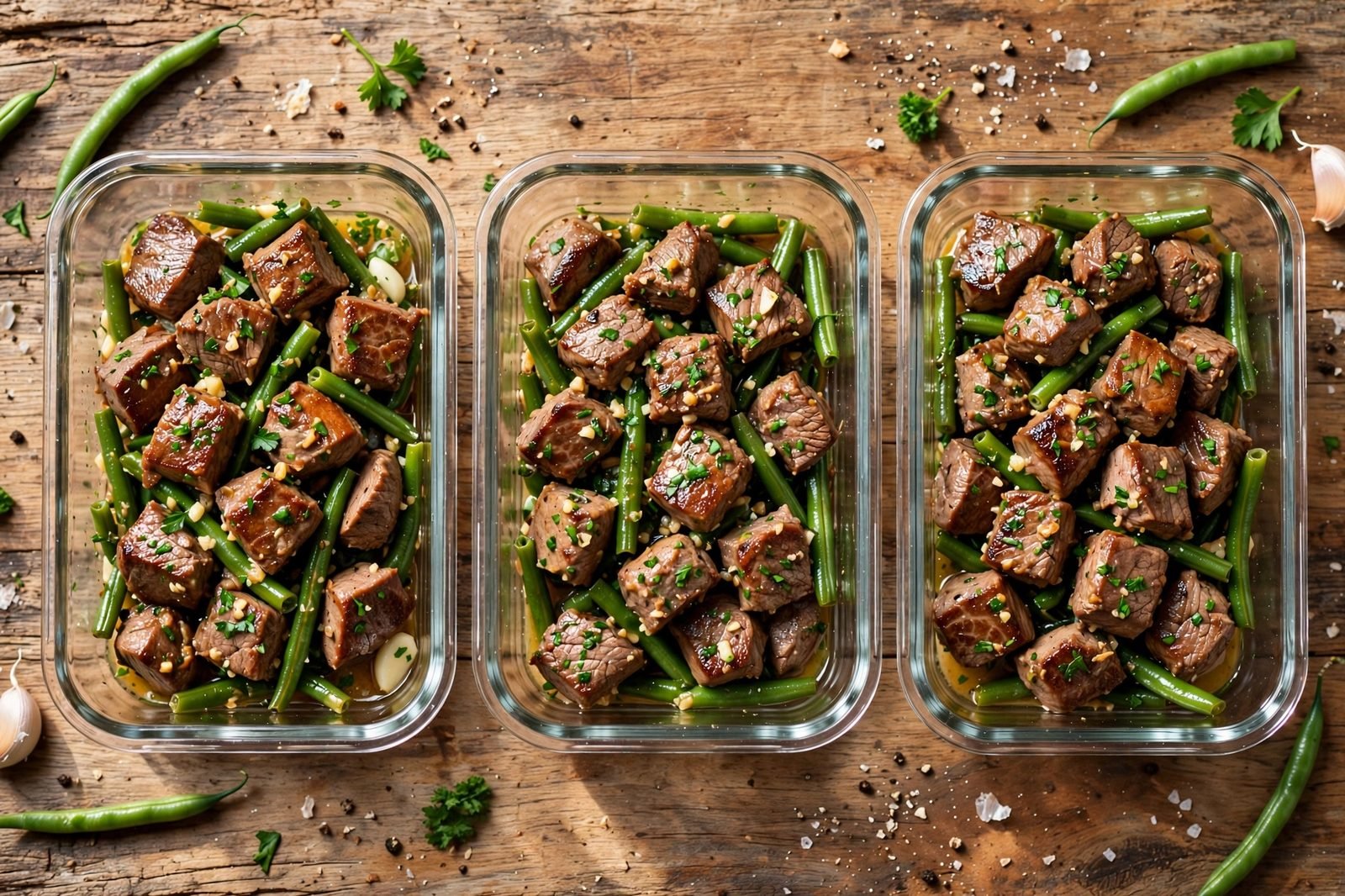 Overhead of glass meal-prep containers filled with steak bites and green beans.