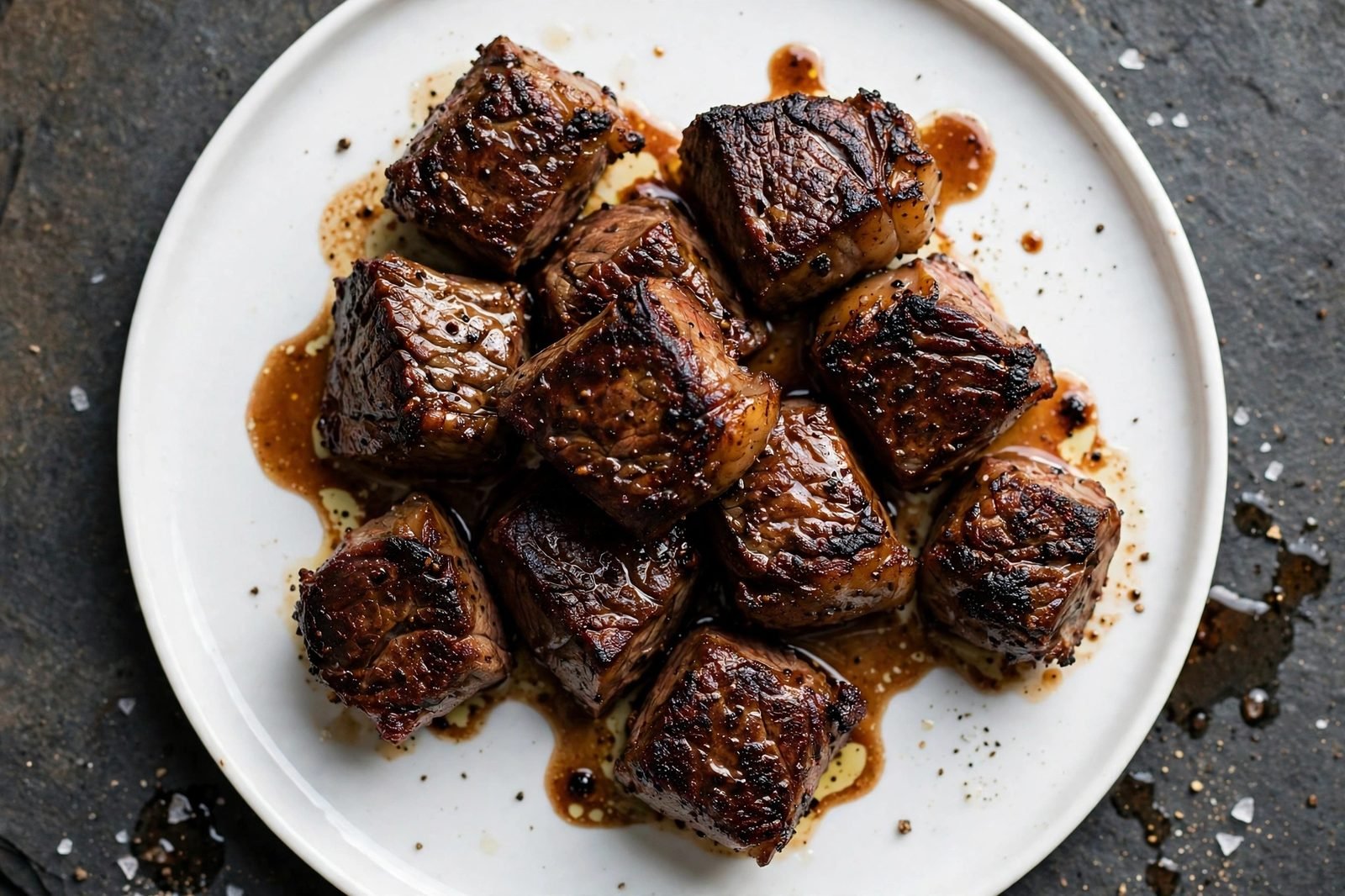 Overhead of deeply crusted steak bites resting on a plate.