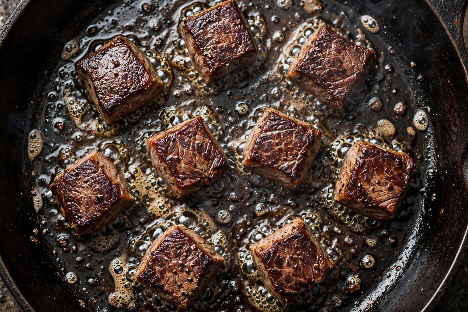 Overhead of steak cubes searing hard with deep brown crust in a hot cast iron skillet.
