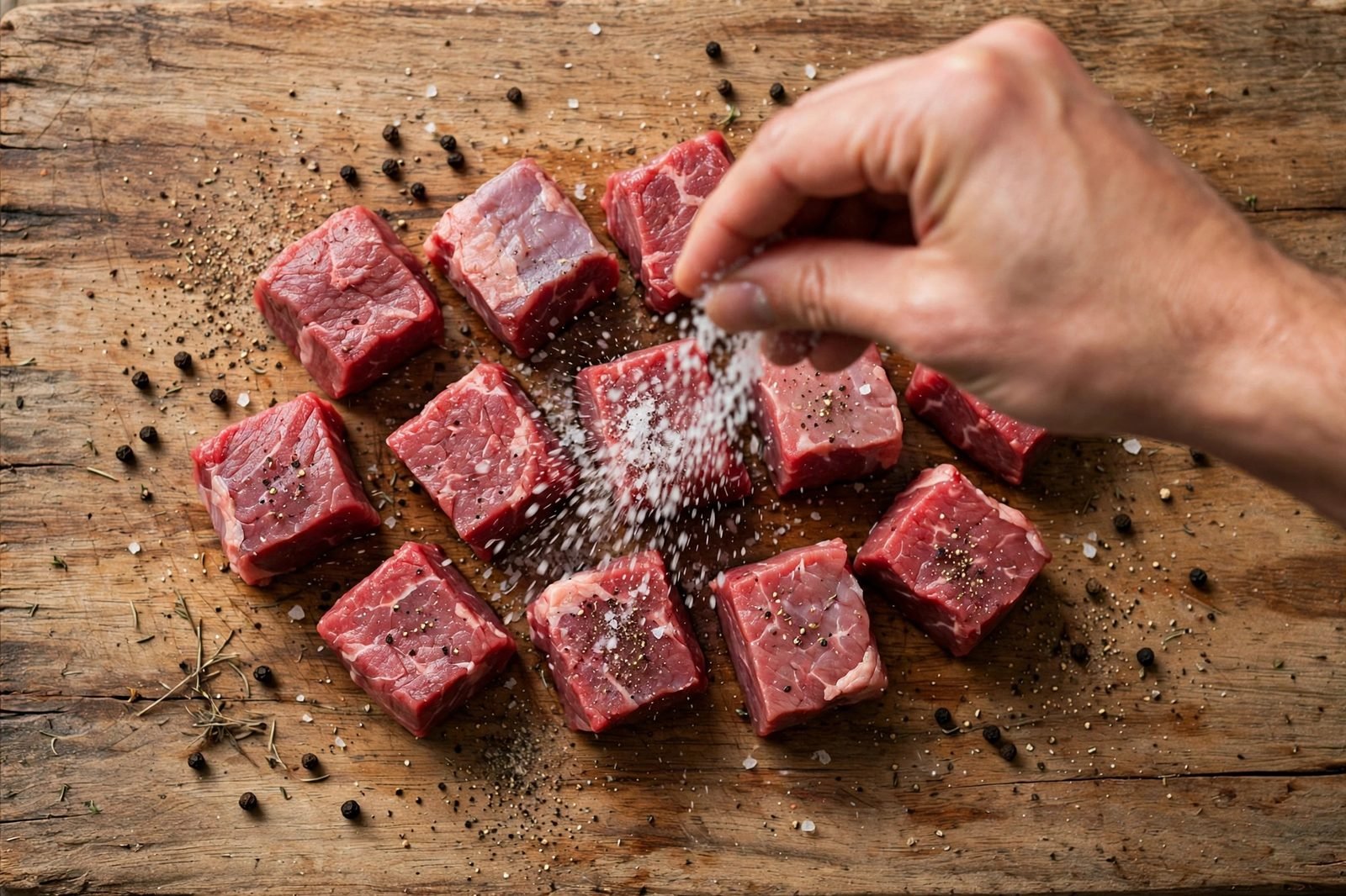 Overhead of steak cubes on a cutting board being seasoned with salt and pepper.