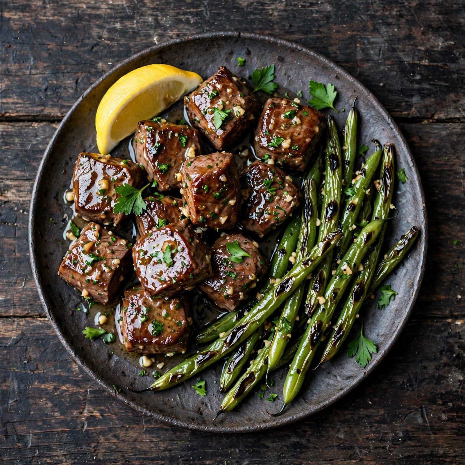 Overhead of a plated serving of steak bites and green beans with lemon wedge.