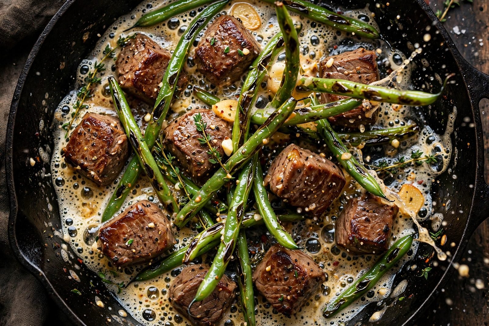 Overhead of steak bites and green beans being tossed in the garlic butter.
