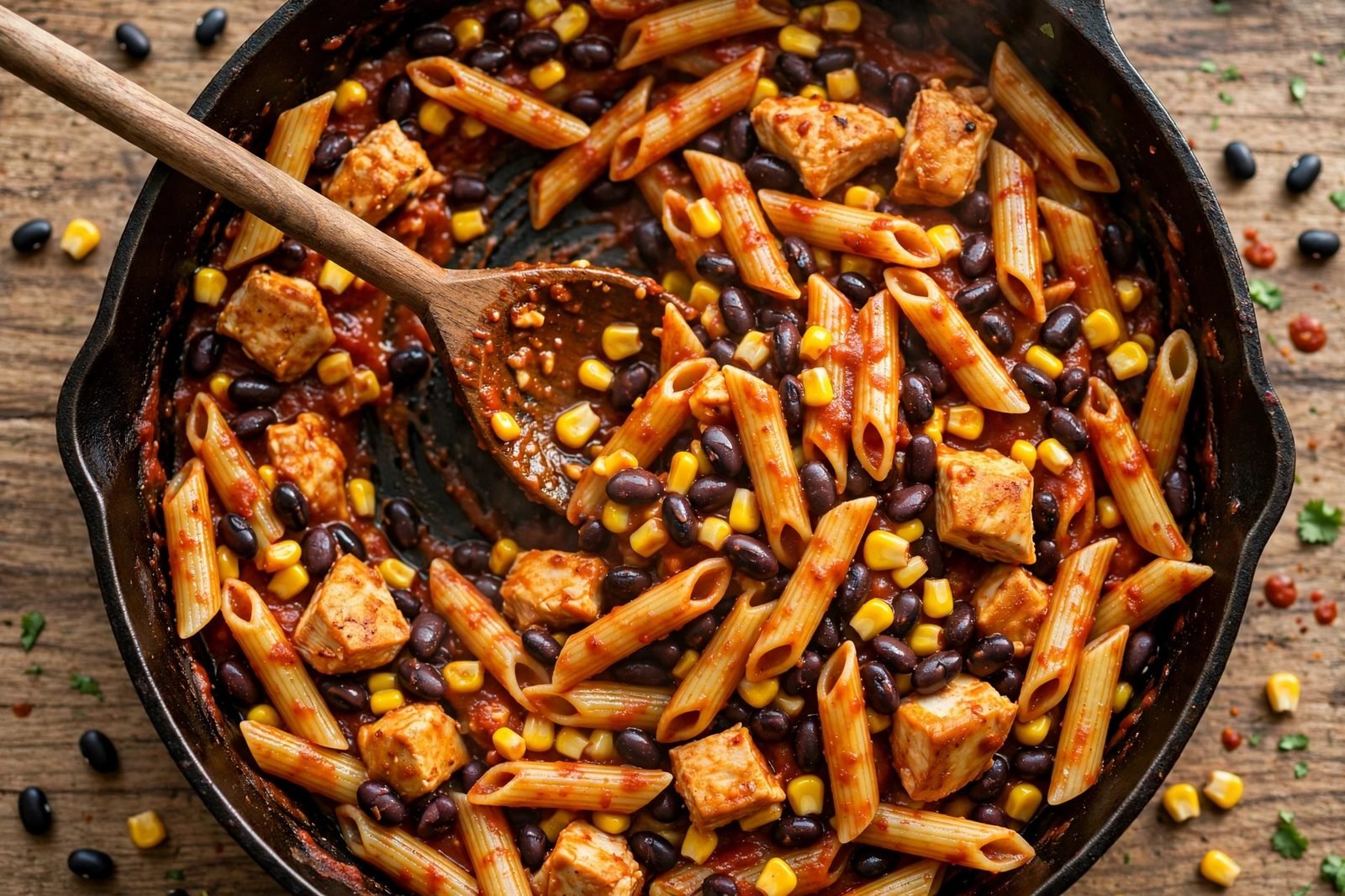 Overhead of black beans, corn, and chicken being stirred into the saucy penne.