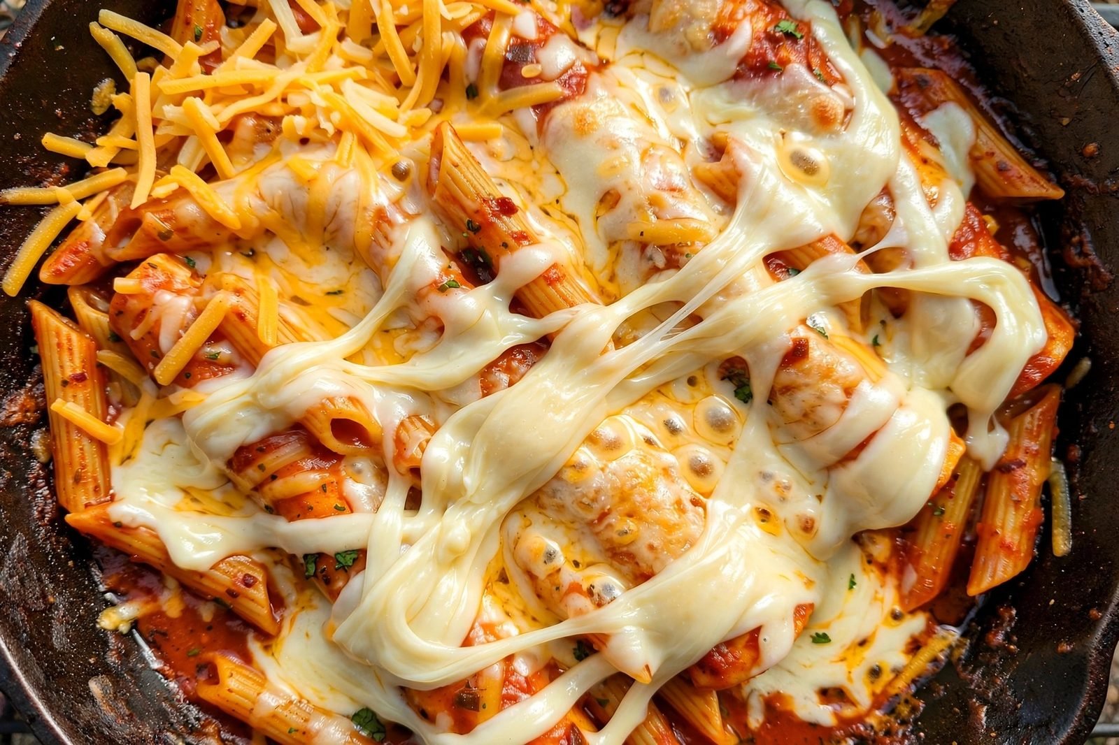 Overhead close-up of shredded cheese melting over the finished pasta, glossy and creamy.